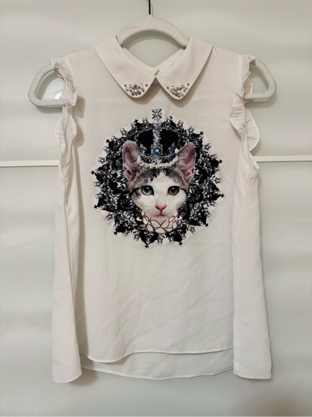 kitty cat pearl crystal embellished top sleeveless blouse collar s m